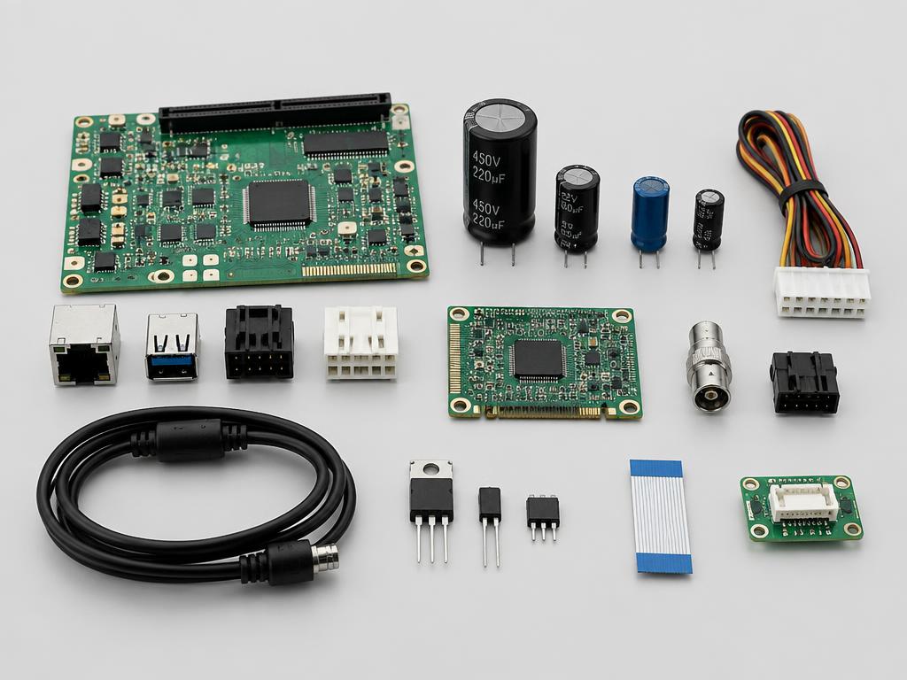 Electronic components and replacement parts laid out on a grey surface