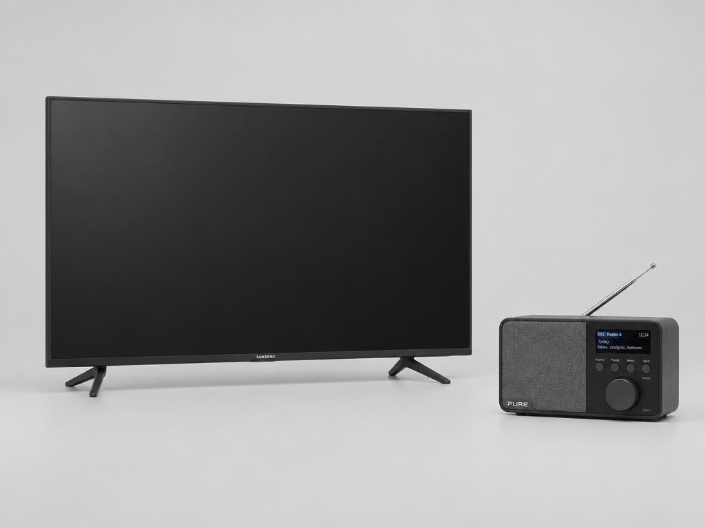 A flat screen television beside a compact digital radio